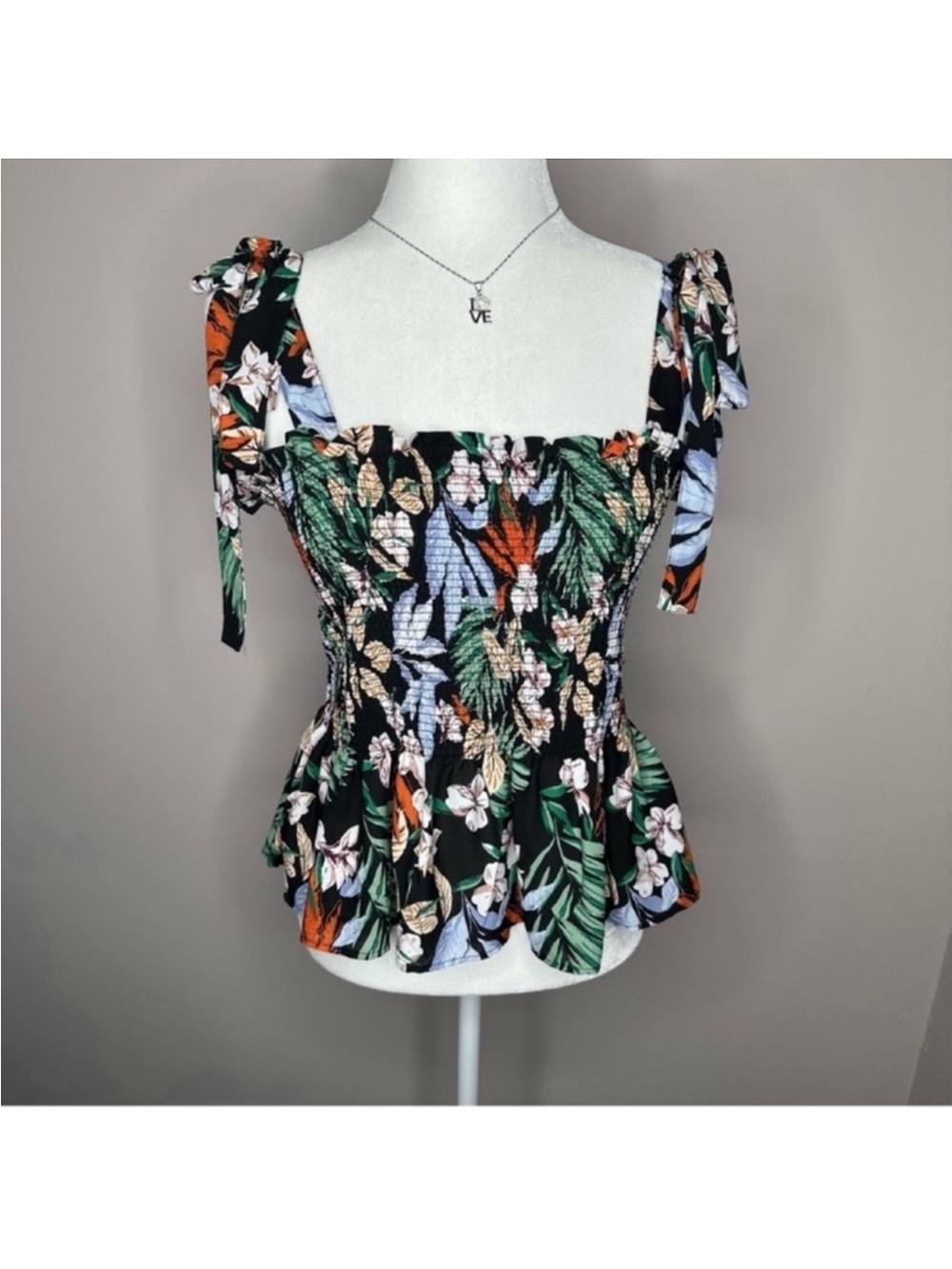 Rachel Zoe Black Floral Smocked Tie-Shoulder Peplum Tank